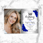 Invitation Photo Silver White Royal Blue 50th Birthday<br><div class="desc">Elégante invitation au 50e anniversaire fleurie féminine avec votre photo. Design de glam avec faux argent. Comprend des roses bleus royaux, des caractères de script et des confettis. Parfait pour une fête anniversaire adulte élégante. Personnalisez avec vos propres détails. Peut être customisé pour n'importe quel âge ! Invitations Zazzle imprimées...</div>