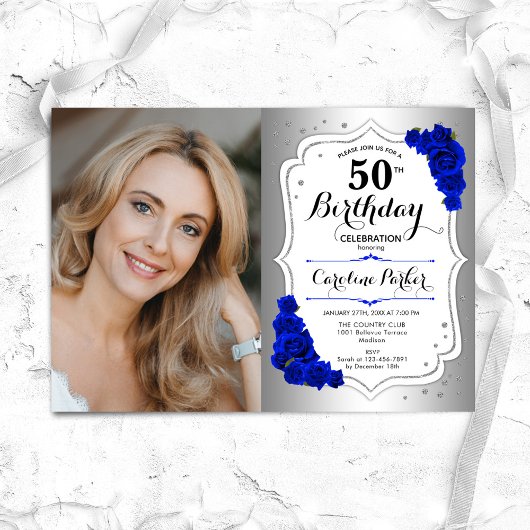 Invitation Photo Silver White Royal Blue 50th Birthday