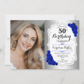Invitation Photo Silver White Royal Blue 50th Birthday (Devant)