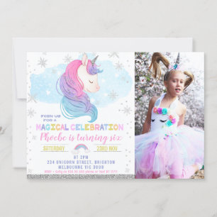 Invitation Photo Silver Winter Unicorn Rainbow Birthday