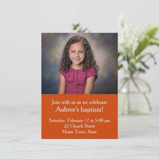 Invitation Photo simple avec Baptême de dos Zig-Zag Orange (Debout devant)