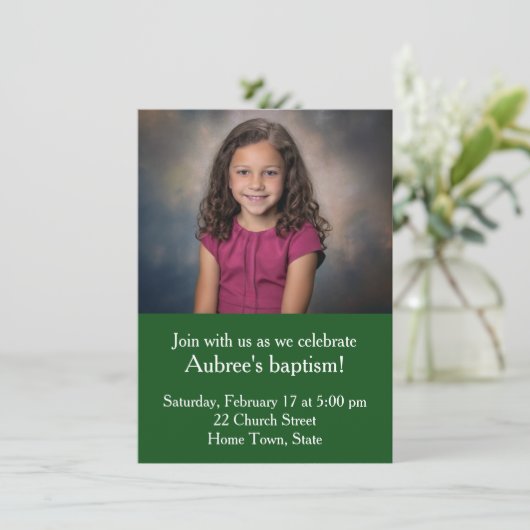 Invitation Photo simple avec Zig-Zag vert Baptême arrière (Debout devant)