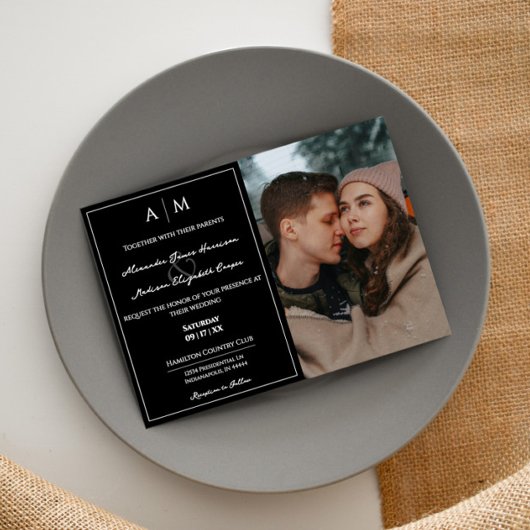 Invitation Photo simple et Mariage noir Monogram