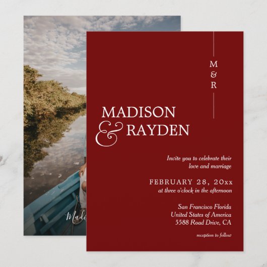 Invitation Photo simple moderne Monogramme rouge (Devant / Derrière)