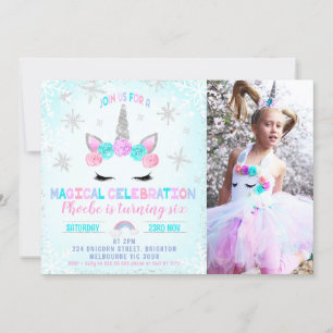 Invitation Photo Snowflakes Winter Unicorn Visage Anniversair