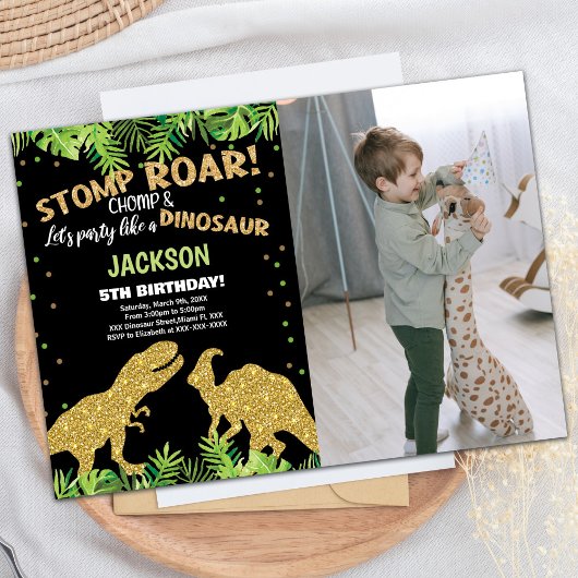 Invitation Photo Stomp Roar Parties scintillant Dinosaur Anni