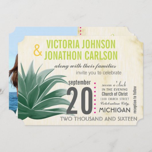 Invitation Photo Succulente Aloe Pink Lime Hydrangea Mariage (Devant / Derrière)