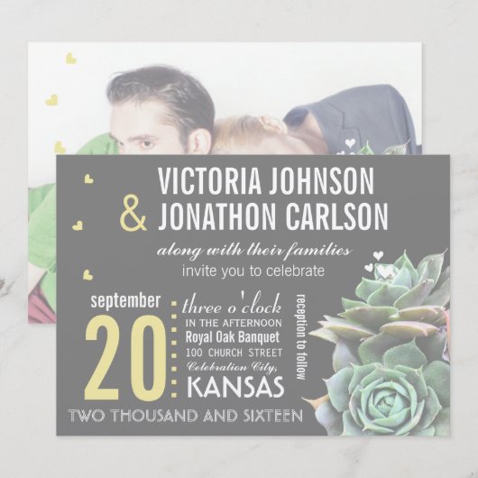 Invitation Photo Succulente jaune et gris sur Mariage arrière (Devant / Derrière)