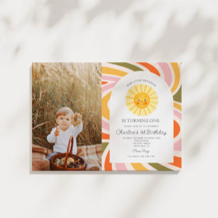 Invitation Photo Sun Rainbow Retro Boho Wavy 1er anniversaire