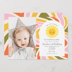 Invitation Photo Sun Rainbow Retro Boho Wavy 1er anniversaire