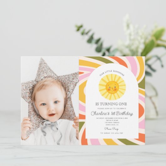 Invitation Photo Sun Rainbow Retro Boho Wavy 1er anniversaire (Debout devant)