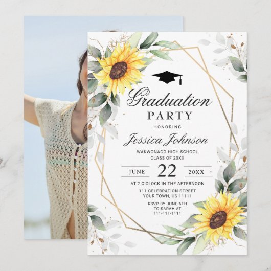 Invitation PHOTO Sunflower Eucalyptus Graduation Party (Devant / Derrière)