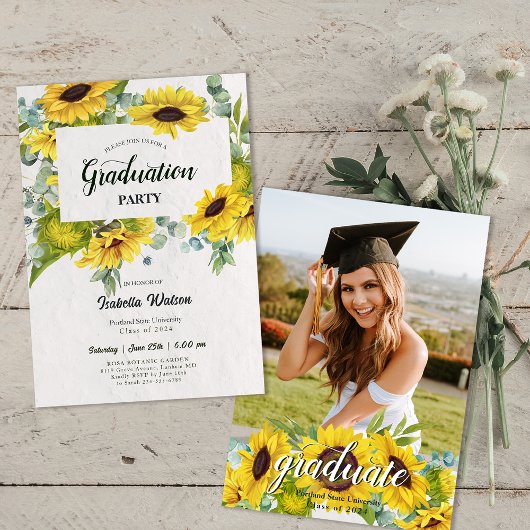 Invitation Photo Sunflower Script Graduation Party
