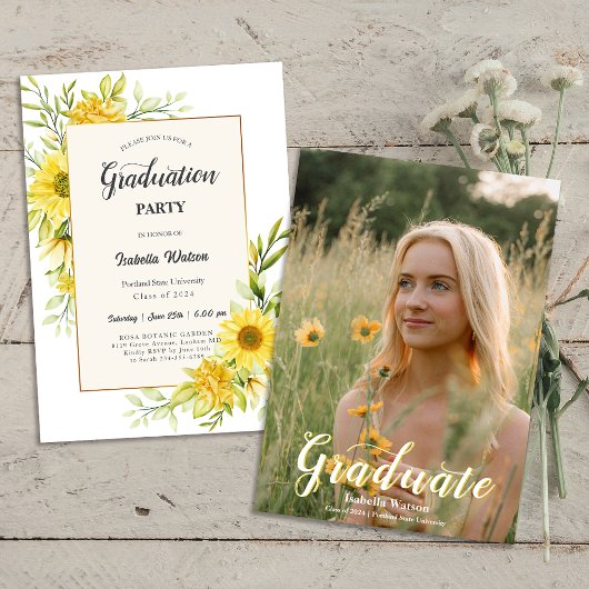 Invitation Photo Sunflower Script Graduation Party