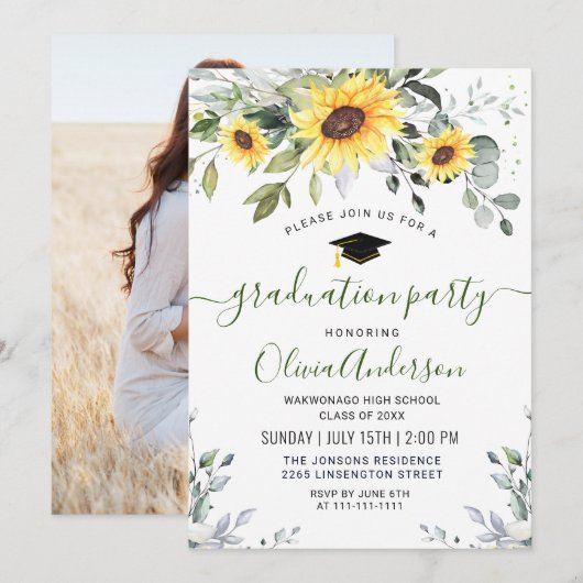 Invitation PHOTO Sunflowers Eucalyptus Graduation Party (Devant / Derrière)