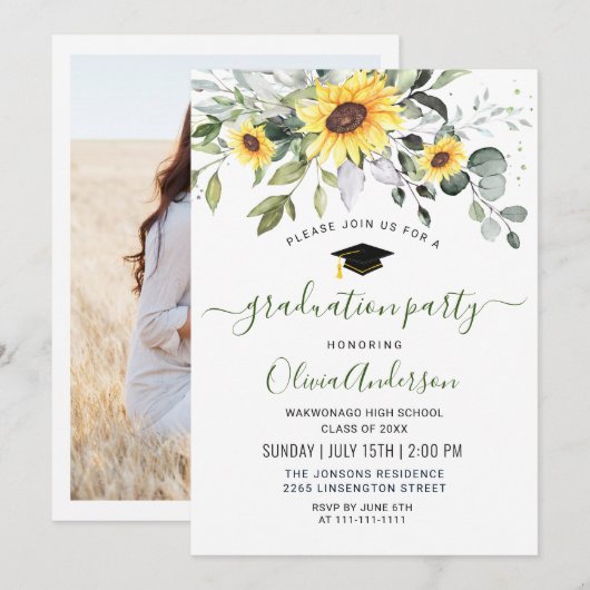 Invitation PHOTO Sunflowers Eucalyptus Graduation Party (Devant / Derrière)
