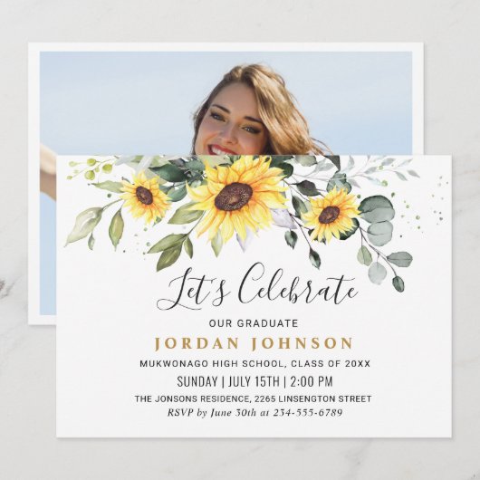 Invitation PHOTO Sunflowers Eucalyptus Graduation Party (Devant / Derrière)