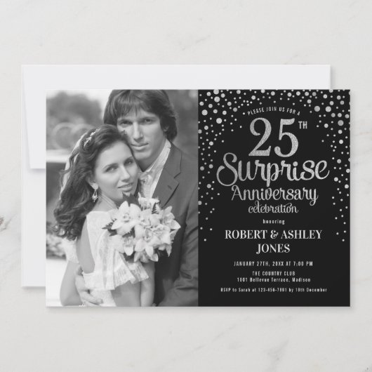 Invitation Photo Surprise 25e anniversaire - Argent noir (Devant)