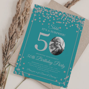 Invitation Photo SURPRISE 50e Anniversaire Argent Turquoise 