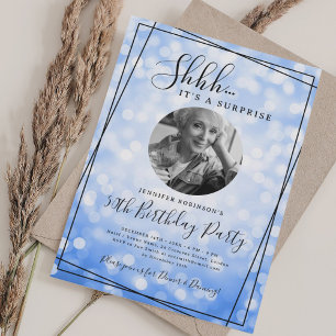 Invitation Photo SURPRISE 50e Anniversaire Bleu Bokeh