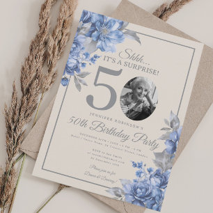 Invitation Photo SURPRISE 50e anniversaire Floral Bleu Beige