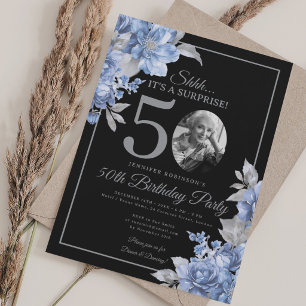 Invitation Photo SURPRISE 50e Anniversaire Floral Bleu Noir