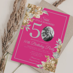 Invitation Photo SURPRISE 50e anniversaire floral or rose vif