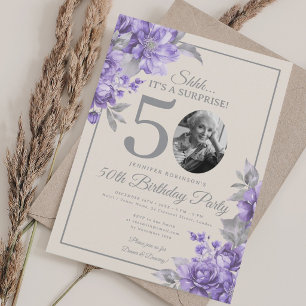 Invitation Photo SURPRISE 50e anniversaire Floral Violet Beig