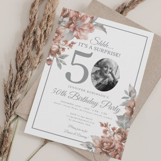 Invitation Photo SURPRISE 50e Anniversaire Rose Gold Floral
