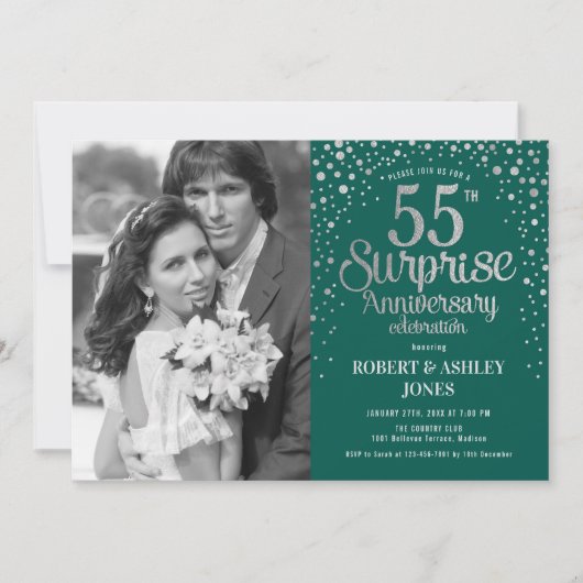 Invitation Photo Surprise 55e anniversaire - Argent vert (Devant)
