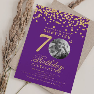Invitation Photo SURPRISE 70 Anniversaire Or Confettis Violet