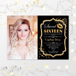 Invitation Photo Sweet 16 Anniversaire - Gold Black Kiss<br><div class="desc">Photo Sweet 16 anniversaire. Sweet sixteen invitation fête d'anniversaire avec votre photo. Caractéristiques police de script,  lèvres baiser et confetti. Design noir élégant avec de l'or de parties scintillant imitation. Parfait pour une élégante glam douce fête 16ème anniversaire.</div>