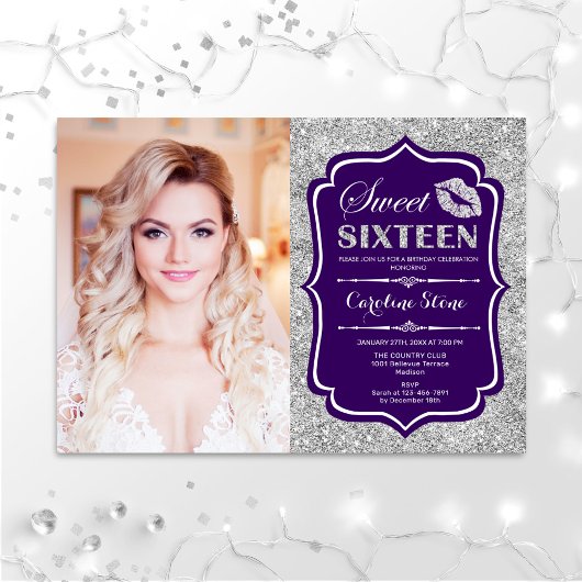 Invitation Photo Sweet 16 Anniversaire - Kiss Purple Silver