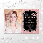 Invitation Photo Sweet 16 Anniversaire - Kiss Rose Gold Black<br><div class="desc">Photo Sweet 16 Anniversaire - Kiss Rose Gold Black. Sweet sixteen invitation fête d'anniversaire avec votre photo. Caractéristiques police de script,  lèvres baiser et confetti. Design rose noir élégant avec parties scintillant en or rose. Idéal pour une élégante fête du 16ème anniversaire glam.</div>