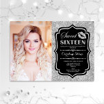 Invitation Photo Sweet 16 Anniversaire - Kiss Silver Black<br><div class="desc">Photo Sweet 16 Anniversaire - Kiss Silver Black. Sweet sixteen invitation fête d'anniversaire avec votre photo. Caractéristiques police de script,  lèvres baiser et confetti. Design élégant avec fausse parties scintillant argent. Idéal pour une élégante fête du 16ème anniversaire glam.</div>