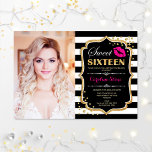 Invitation Photo Sweet 16 Anniversaire - Pink Kiss Gold Noir<br><div class="desc">Photo Sweet 16 Anniversaire - Pink Kiss Gold Black. Sweet sixteen invitation fête d'anniversaire avec votre photo. Comprend des bandes blanches noires,  police de script,  baiser des lèvres et confetti. Design noir,  blanc,  rose fuchsia,  avec parties scintillant d'or. Idéal pour une élégante fête du 16ème anniversaire.</div>