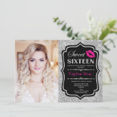 Invitation Photo Sweet 16 Anniversaire Rose Baiser Argent Noi (Debout devant)