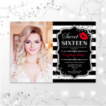 Invitation Photo Sweet 16 Anniversaire - Rouge Baiser Argent<br><div class="desc">Photo Sweet 16 Anniversaire - Rouge Baiser Argent Noir. Sweet sixteen invitation fête d'anniversaire avec votre photo. Comprend des bandes blanches noires,  police de script,  baiser des lèvres et confetti. Design noir blanc rouge élégant avec faux parties scintillant argent. Idéal pour une élégante fête du 16ème anniversaire.</div>