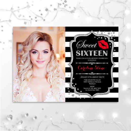Invitation Photo Sweet 16 Anniversaire - Rouge Baiser Argent 