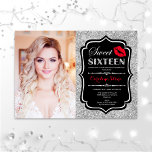Invitation Photo Sweet 16 Anniversaire Rouge Baiser Argent No<br><div class="desc">Photo Sweet 16 Anniversaire Rouge Baiser Argent Noir. Sweet sixteen invitation fête d'anniversaire avec votre photo. Caractéristiques police de script,  lèvres baiser et confetti. Design noir blanc rouge élégant avec aux parties scintillant argent. Idéal pour une élégante fête du 16ème anniversaire.</div>