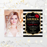 Invitation Photo Sweet 16 Anniversaire - Rouge Baiser Or Noir<br><div class="desc">Photo Sweet 16 Anniversaire - Red Kiss Gold Black. Sweet sixteen invitation fête d'anniversaire avec votre photo. Comprend des bandes blanches noires,  police de script,  baiser des lèvres et confetti. Design noir blanc rouge élégant avec de l'or de parties scintillant faux. Idéal pour une élégante fête du 16ème anniversaire.</div>