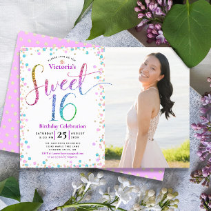Invitation Photo Sweet 16 Arc-en-Ciel Paillettes Confettis An