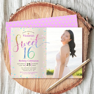 Invitation Photo Sweet 16 Arc-en-Ciel Paillettes Or Papier D'