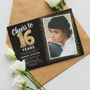 Invitation photo Sweet 16 Black Gold