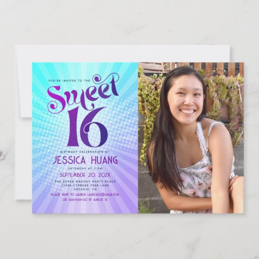 Invitation Photo Sweet 16 Dégradé Violet Bleu Groovy Rétro (Devant)