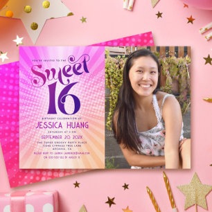 Invitation Photo Sweet 16 Groovy Rose Orange Dégradé Rétro