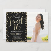 Invitation Photo Sweet 16 Parties scintillant moderne Black G (Devant)