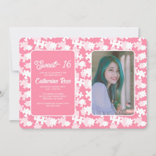 Invitation Photo Sweet 16 Pink And White Puzzle (Devant)