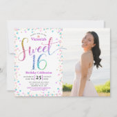 Invitation Photo Sweet 16 Rainbow Parties scintillant Confett (Devant)