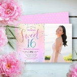 Invitation Photo Sweet 16 Rainbow Parties scintillant Ombre F<br><div class="desc">"Bonne Douce 16". Envoyez cette invitation étonnante, pétillante, girly, festive, moderne, personnalisée, photo party pour un événement à retenir. Parties scintillant arc-en-ciel typographie et festive turquoise, violet rose et d'or confetti, superposer un arc-en-ciel ombre arrière - plan métallique à gauche de la carte. Une photo d'anniversaire est sur la droite....</div>